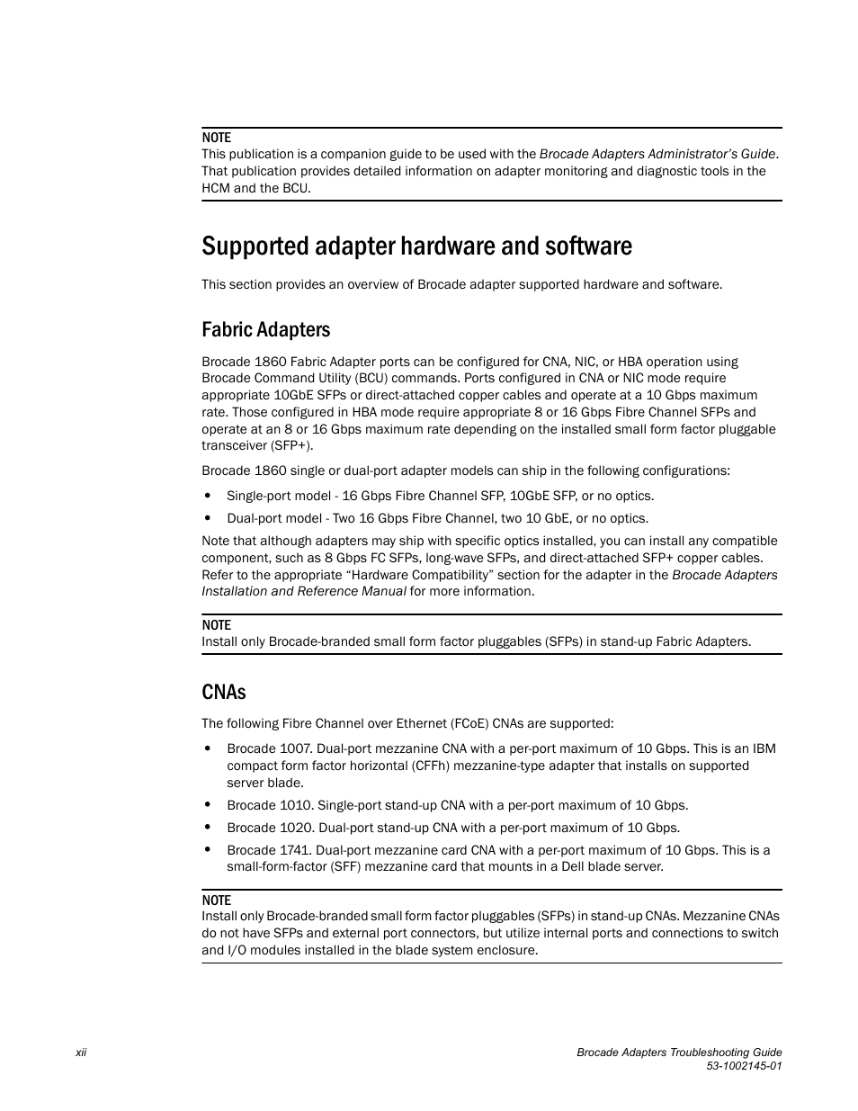 Supported adapter hardware and software, Fabric adapters, Cnas | Dell Brocade Adapters User Manual | Page 12 / 172