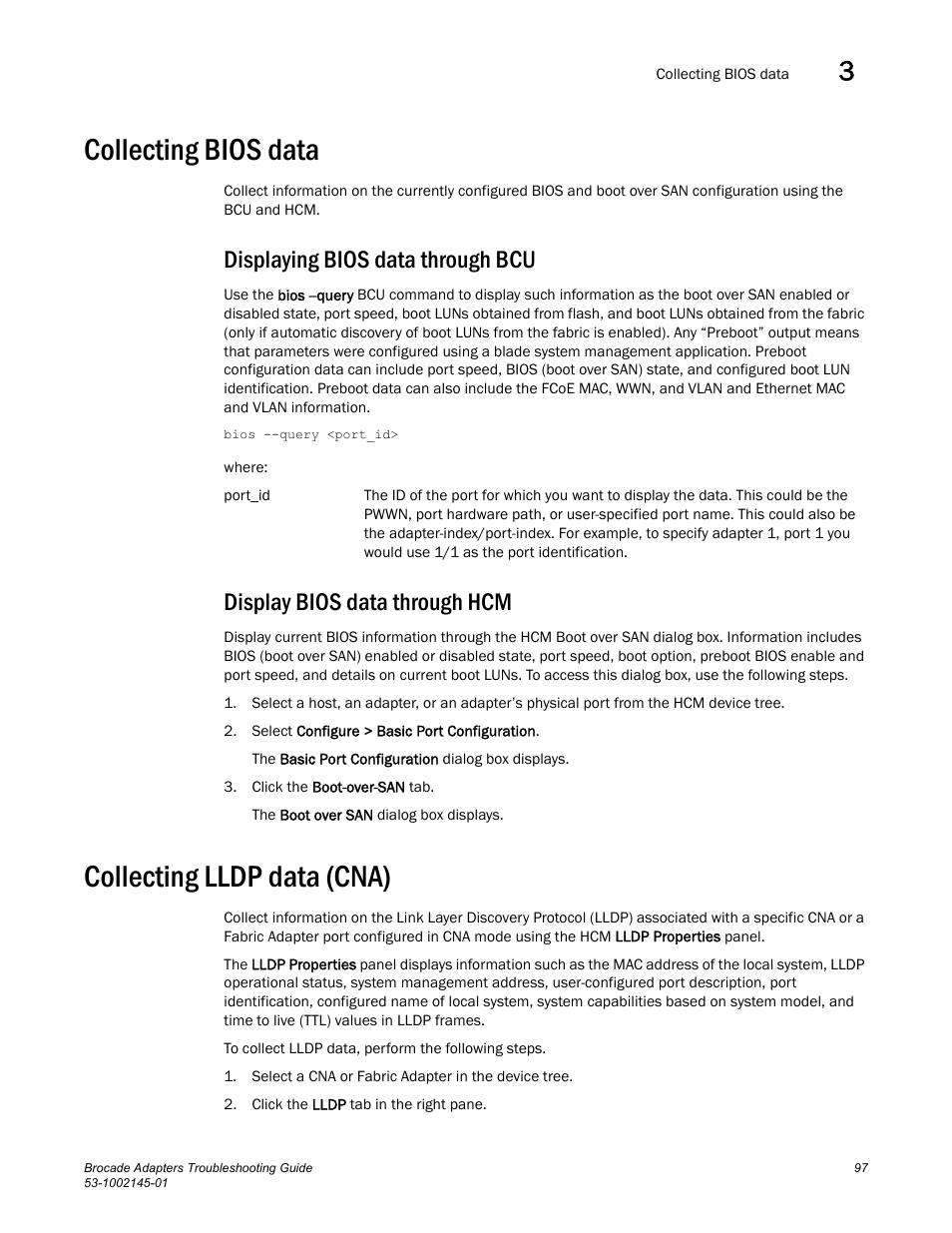 Collecting bios data, Displaying bios data through bcu, Display bios data through hcm | Collecting lldp data (cna) | Dell Brocade Adapters User Manual | Page 121 / 172