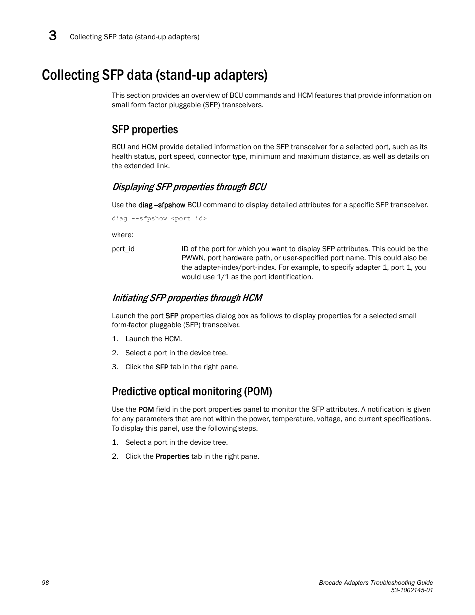 Collecting sfp data (stand-up adapters), Sfp properties, Predictive optical monitoring (pom) | Displaying sfp properties through bcu, Initiating sfp properties through hcm | Dell Brocade Adapters User Manual | Page 122 / 172