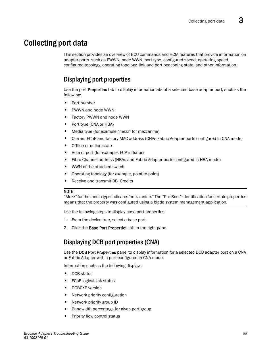 Collecting port data, Displaying port properties, Displaying dcb port properties (cna) | Dell Brocade Adapters User Manual | Page 123 / 172