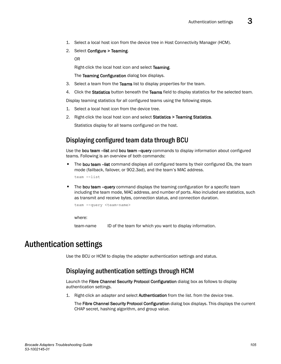 Displaying configured team data through bcu, Authentication settings, Displaying authentication settings through hcm | Dell Brocade Adapters User Manual | Page 129 / 172