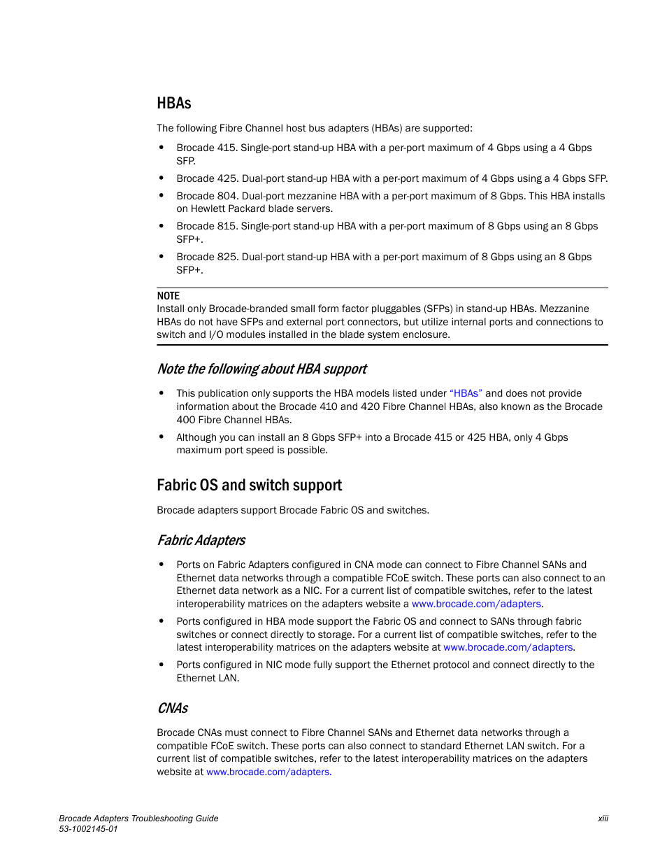 Hbas, Fabric os and switch support, Fabric adapters | Cnas | Dell Brocade Adapters User Manual | Page 13 / 172