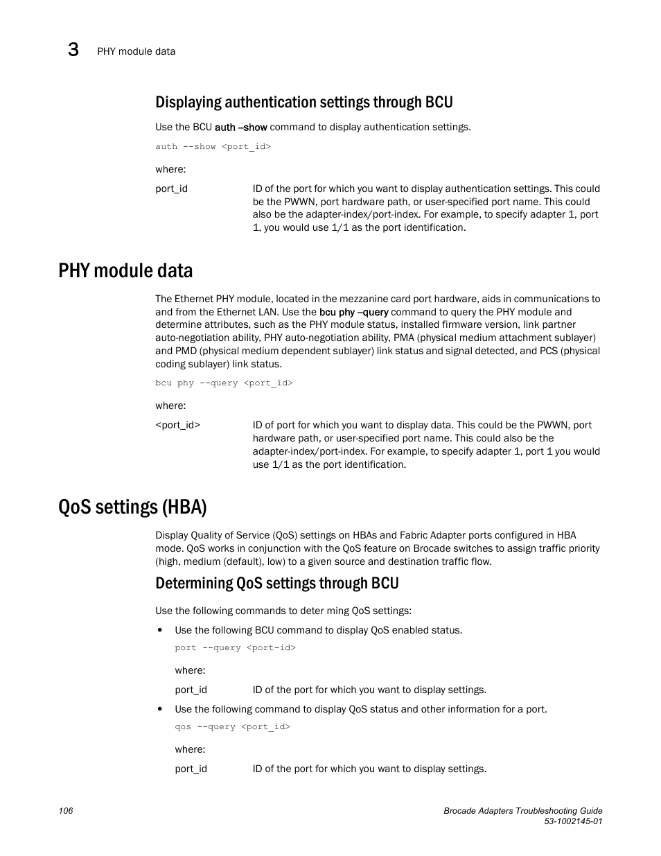 Displaying authentication settings through bcu, Phy module data, Qos settings (hba) | Determining qos settings through bcu | Dell Brocade Adapters User Manual | Page 130 / 172