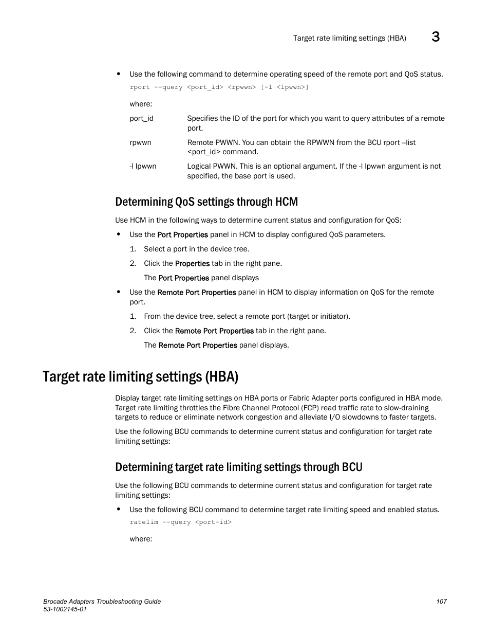 Determining qos settings through hcm, Target rate limiting settings (hba) | Dell Brocade Adapters User Manual | Page 131 / 172