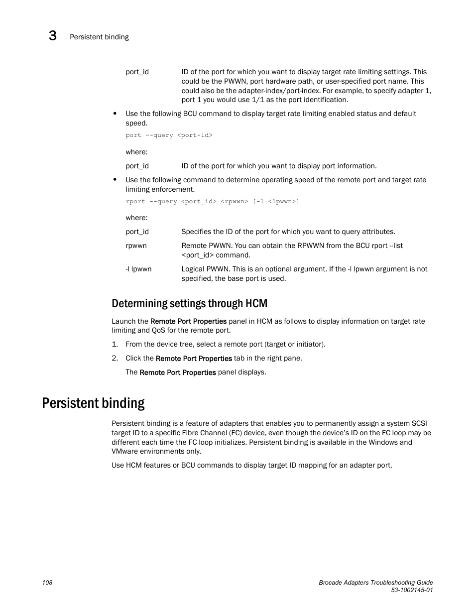 Determining settings through hcm, Persistent binding | Dell Brocade Adapters User Manual | Page 132 / 172