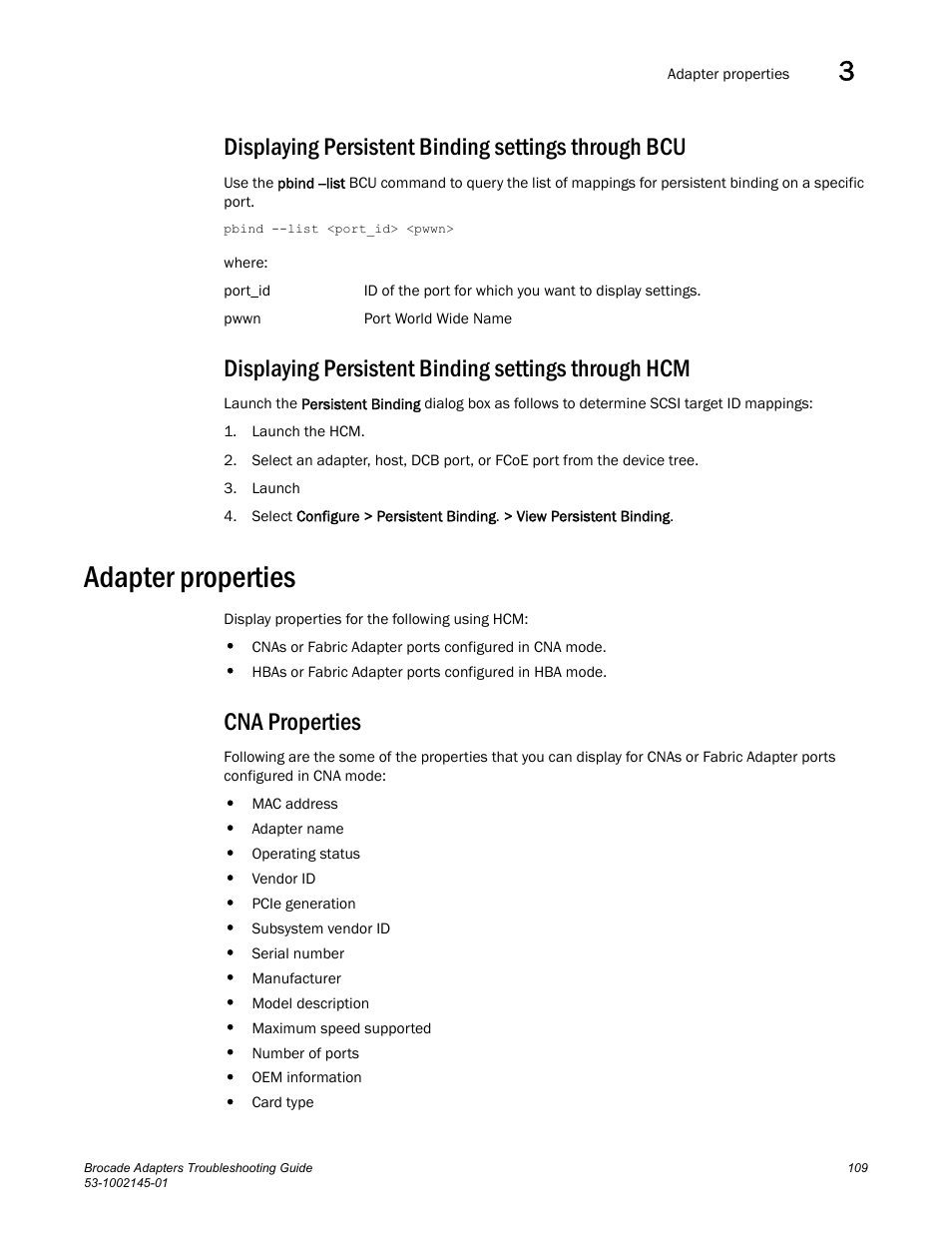 Displaying persistent binding settings through bcu, Displaying persistent binding settings through hcm, Adapter properties | Cna properties | Dell Brocade Adapters User Manual | Page 133 / 172