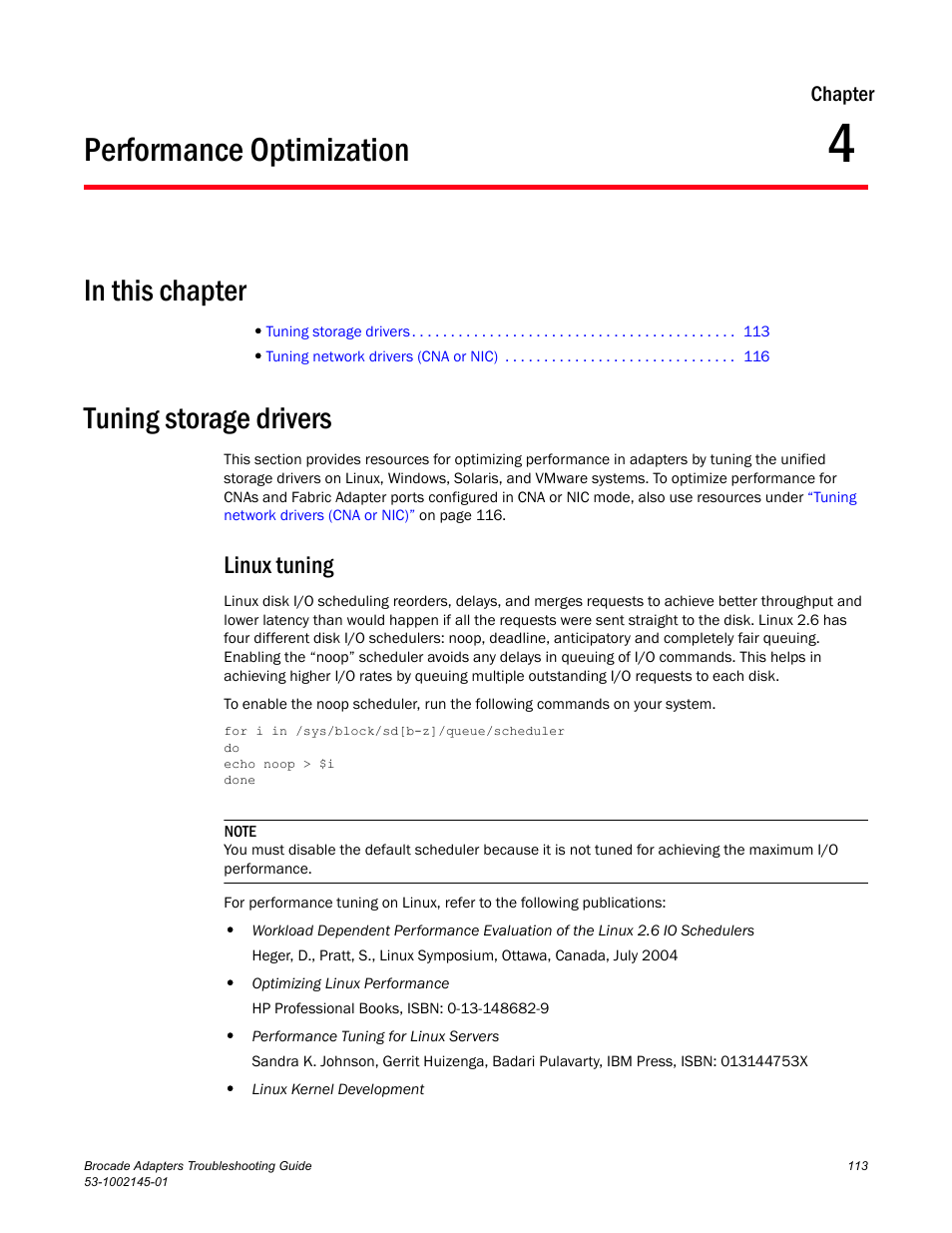 Performance optimization, In this chapter, Tuning storage drivers | Linux tuning, Chapter 4, Chapter 4, “performance optimization, Contains | Dell Brocade Adapters User Manual | Page 137 / 172