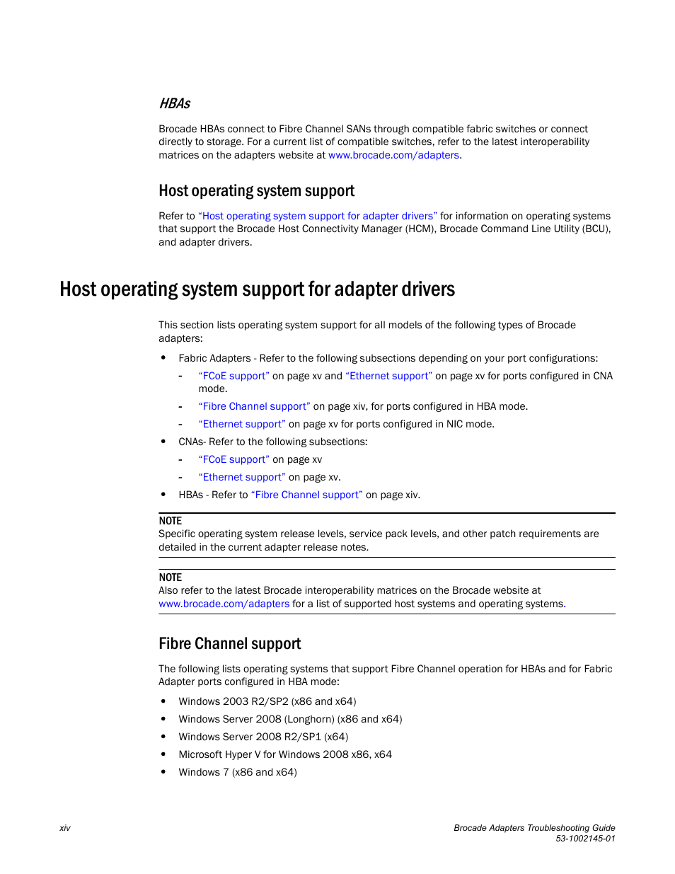Host operating system support for adapter drivers, Host operating system support, Fibre channel support | Hbas | Dell Brocade Adapters User Manual | Page 14 / 172