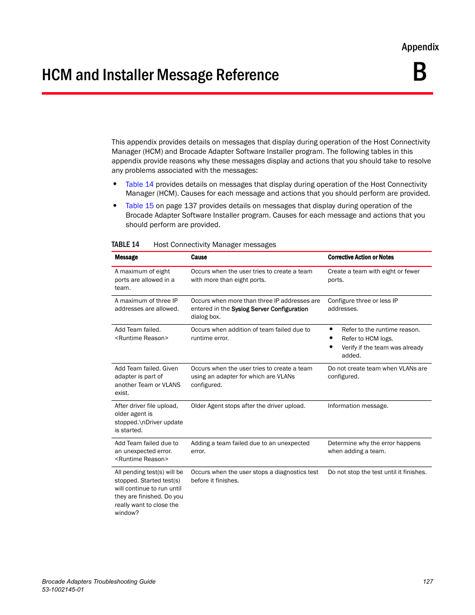 Hcm and installer message reference, Appendix b, Appendix b, “hcm and installer message reference | Appendix | Dell Brocade Adapters User Manual | Page 151 / 172
