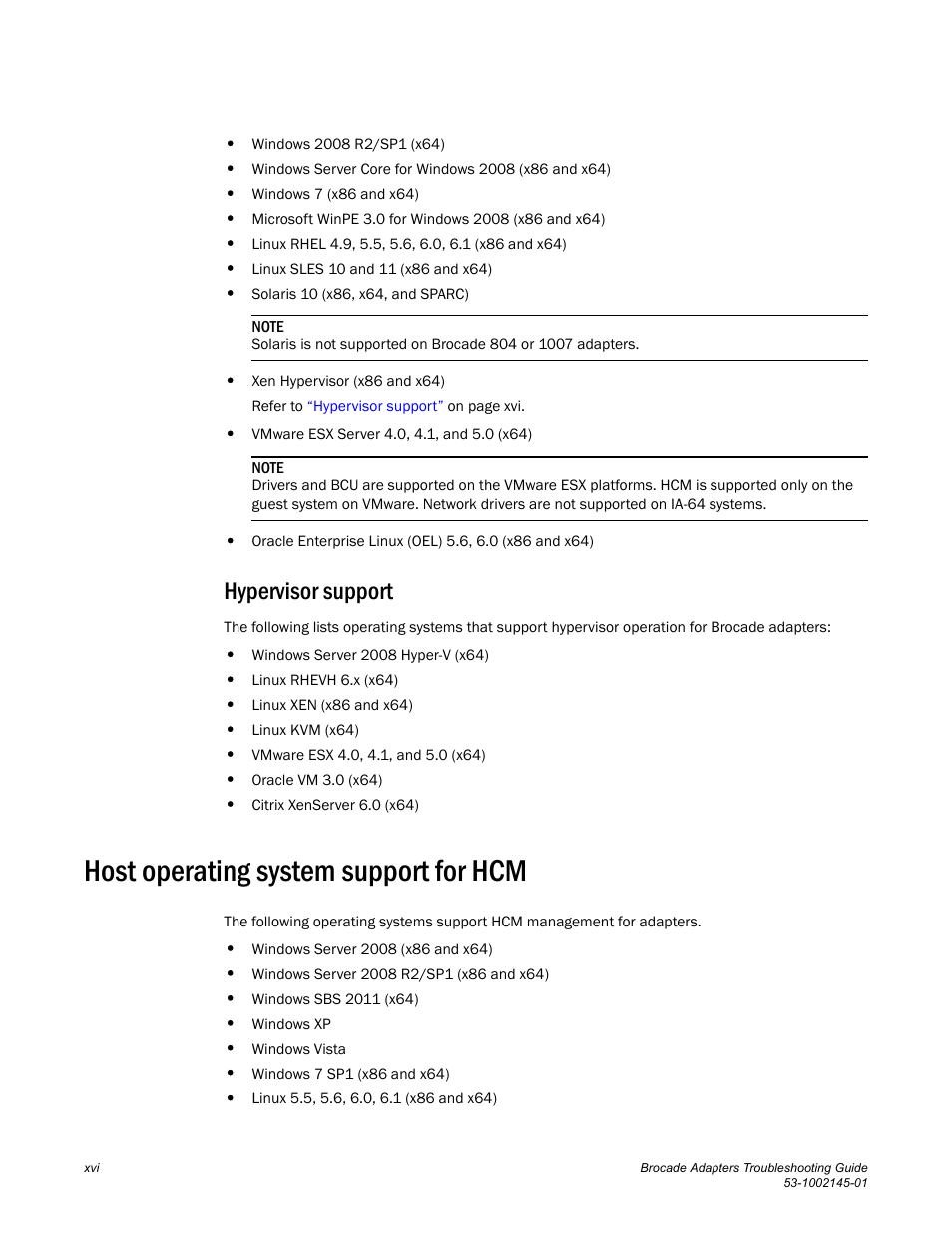 Host operating system support for hcm, Hypervisor support | Dell Brocade Adapters User Manual | Page 16 / 172