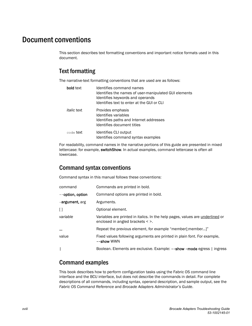 Document conventions, Text formatting, Command syntax conventions | Command examples | Dell Brocade Adapters User Manual | Page 18 / 172