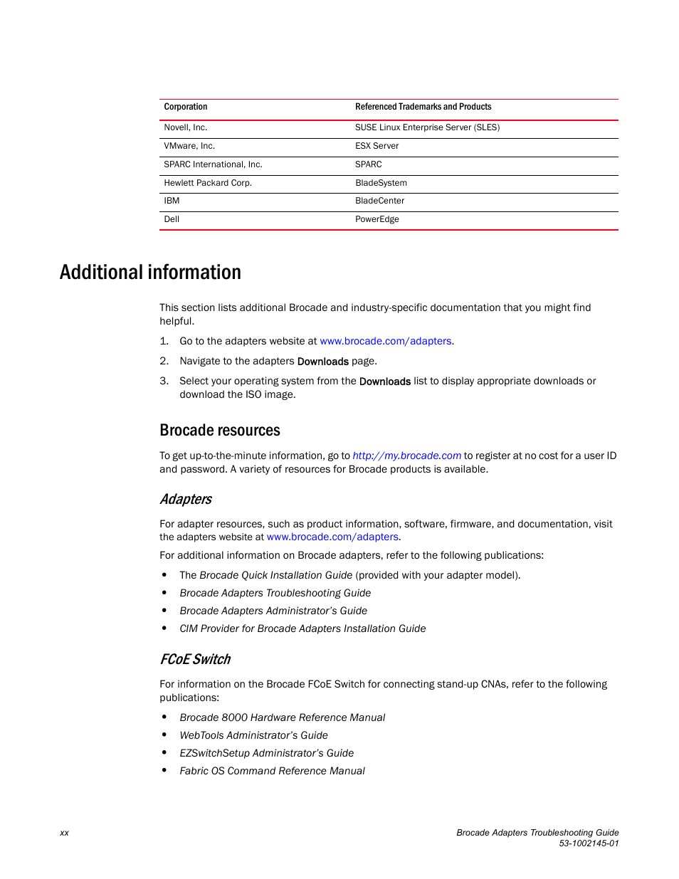 Additional information, Brocade resources, Adapters | Fcoe switch | Dell Brocade Adapters User Manual | Page 20 / 172