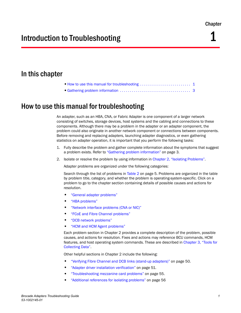 Introduction to troubleshooting, In this chapter, How to use this manual for troubleshooting | Chapter 1, Chapter 1, “introduction to troubleshooting, Chapter | Dell Brocade Adapters User Manual | Page 25 / 172