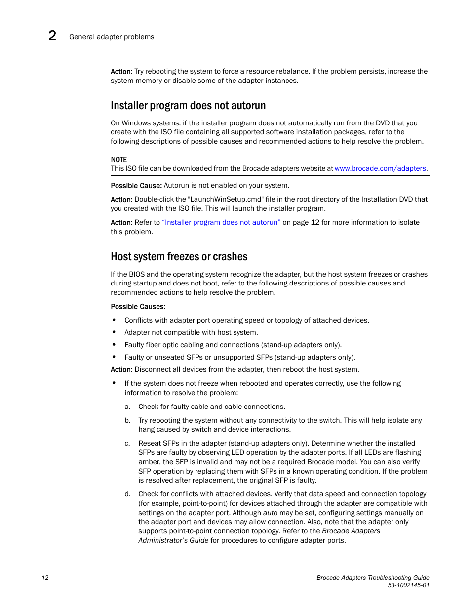 Installer program does not autorun, Host system freezes or crashes | Dell Brocade Adapters User Manual | Page 36 / 172