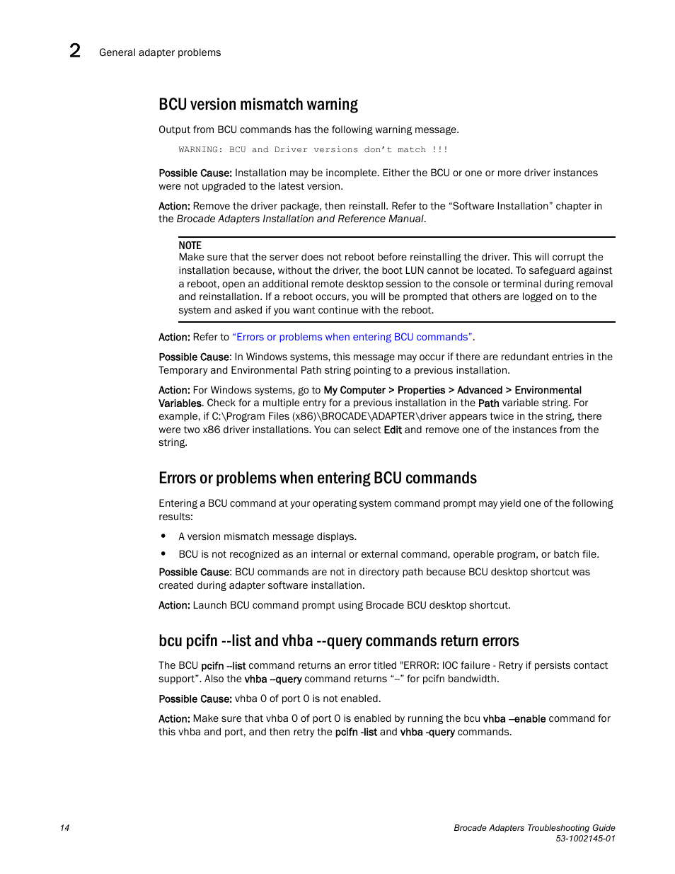 Bcu version mismatch warning, Errors or problems when entering bcu commands | Dell Brocade Adapters User Manual | Page 38 / 172