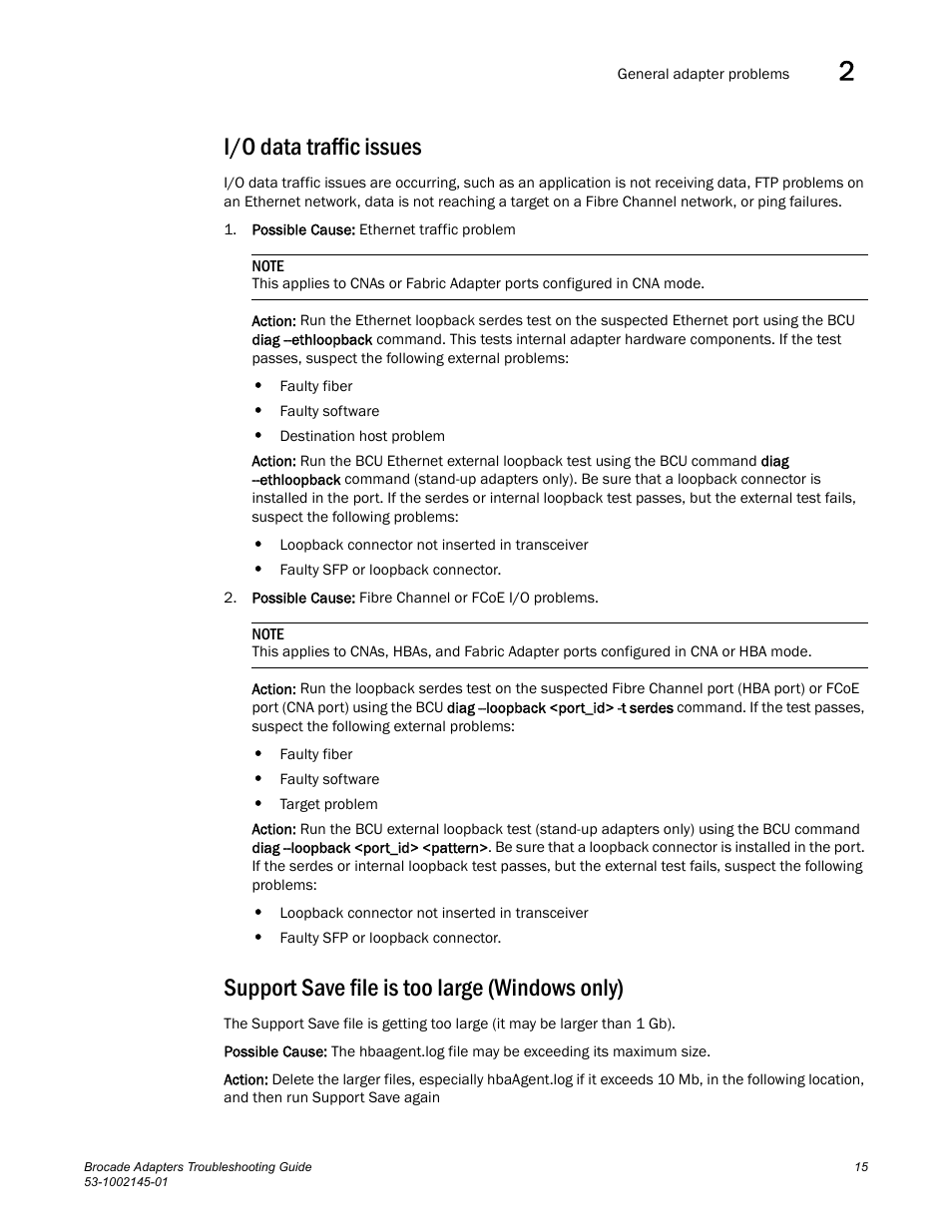 I/o data traffic issues, Support save file is too large (windows only) | Dell Brocade Adapters User Manual | Page 39 / 172