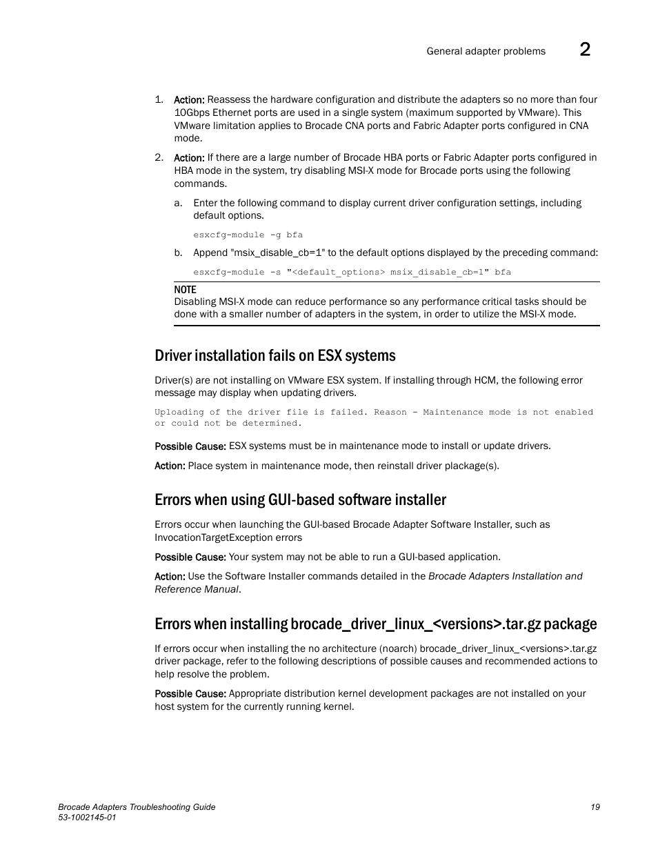Driver installation fails on esx systems, Errors when using gui-based software installer | Dell Brocade Adapters User Manual | Page 43 / 172