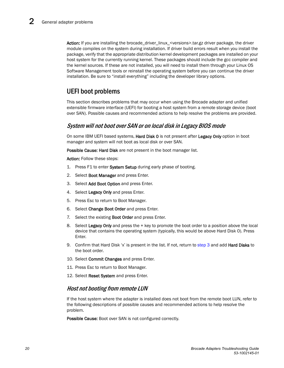 Uefi boot problems, Host not booting from remote lun | Dell Brocade Adapters User Manual | Page 44 / 172