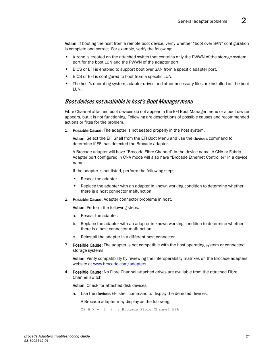 Boot devices not, Available in host’s boot manager menu | Dell Brocade Adapters User Manual | Page 45 / 172
