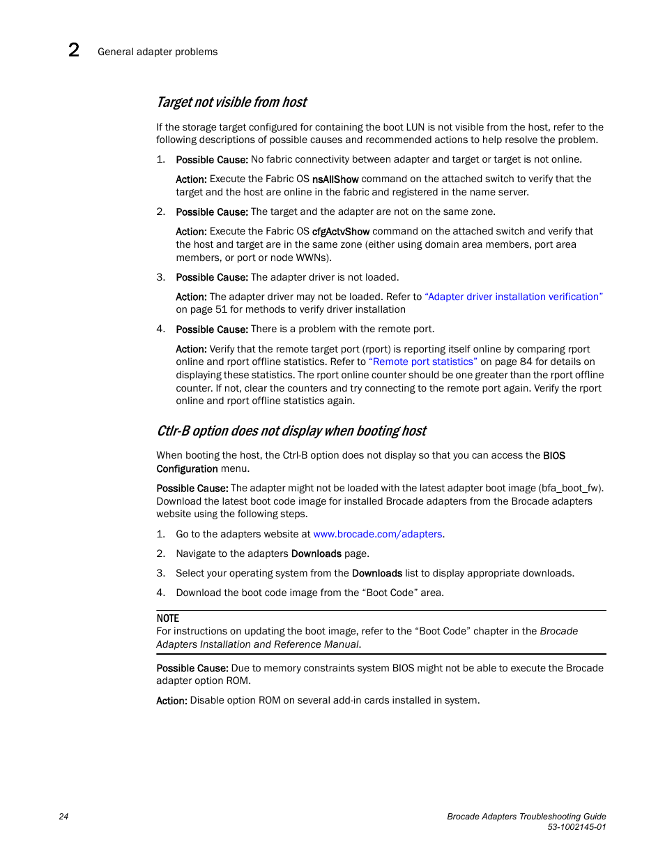 Target not visible from host, Ctlr-b option does not display when booting host | Dell Brocade Adapters User Manual | Page 48 / 172