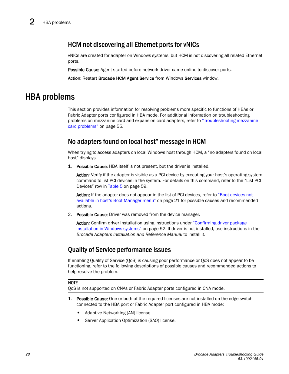 Hcm not discovering all ethernet ports for vnics, Hba problems, No adapters found on local host” message in hcm | Quality of service performance issues | Dell Brocade Adapters User Manual | Page 52 / 172