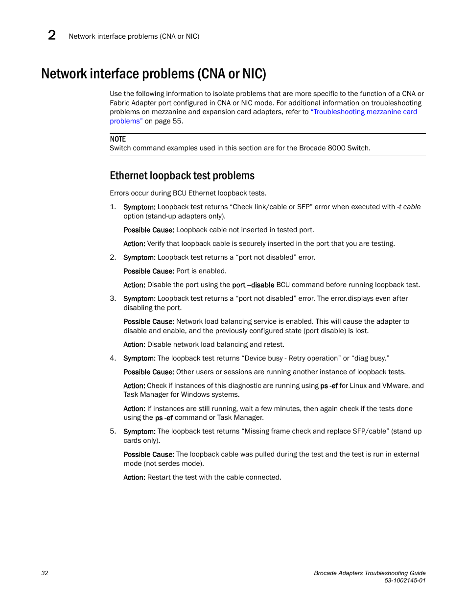 Network interface problems (cna or nic), Ethernet loopback test problems | Dell Brocade Adapters User Manual | Page 56 / 172
