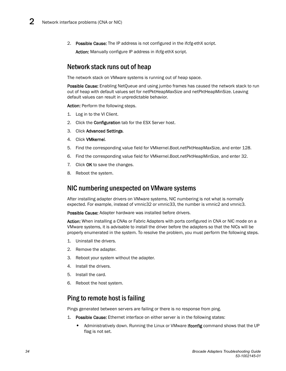 Network stack runs out of heap, Nic numbering unexpected on vmware systems, Ping to remote host is failing | Dell Brocade Adapters User Manual | Page 58 / 172