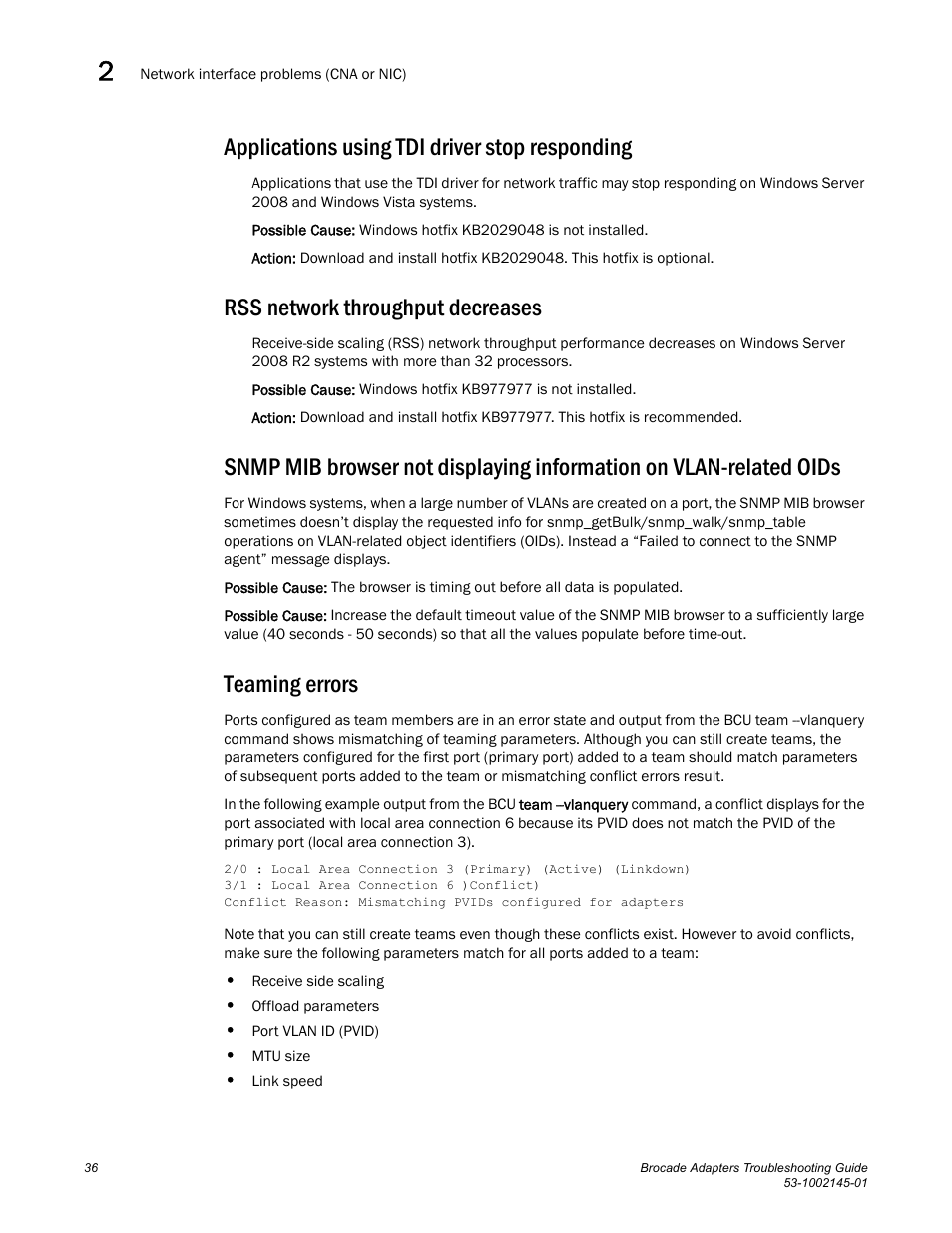 Applications using tdi driver stop responding, Rss network throughput decreases, Teaming errors | Dell Brocade Adapters User Manual | Page 60 / 172