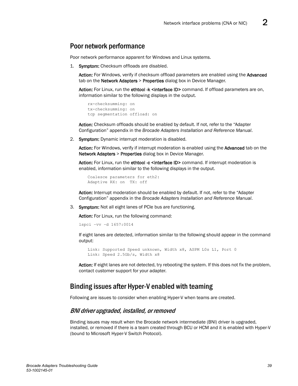 Poor network performance, Binding issues after hyper-v enabled with teaming, Bni driver upgraded, installed, or removed | Dell Brocade Adapters User Manual | Page 63 / 172