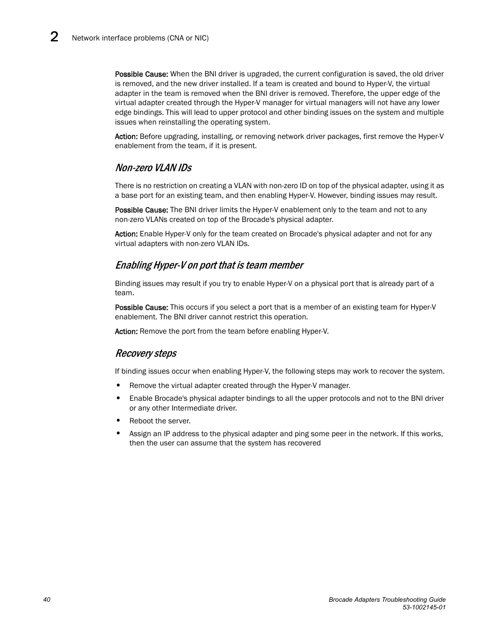 Non-zero vlan ids, Enabling hyper-v on port that is team member, Recovery steps | Dell Brocade Adapters User Manual | Page 64 / 172