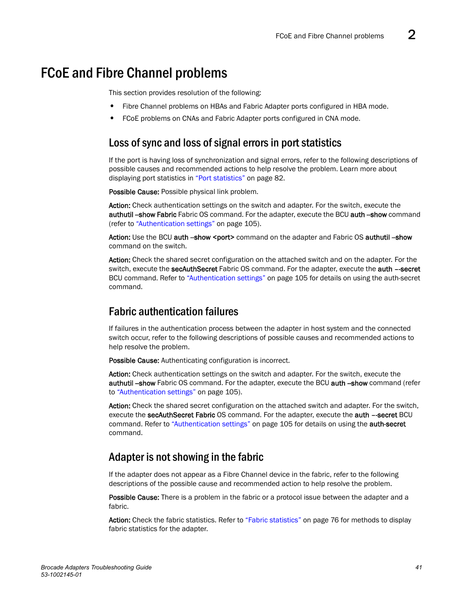 Fcoe and fibre channel problems, Fabric authentication failures, Adapter is not showing in the fabric | Dell Brocade Adapters User Manual | Page 65 / 172