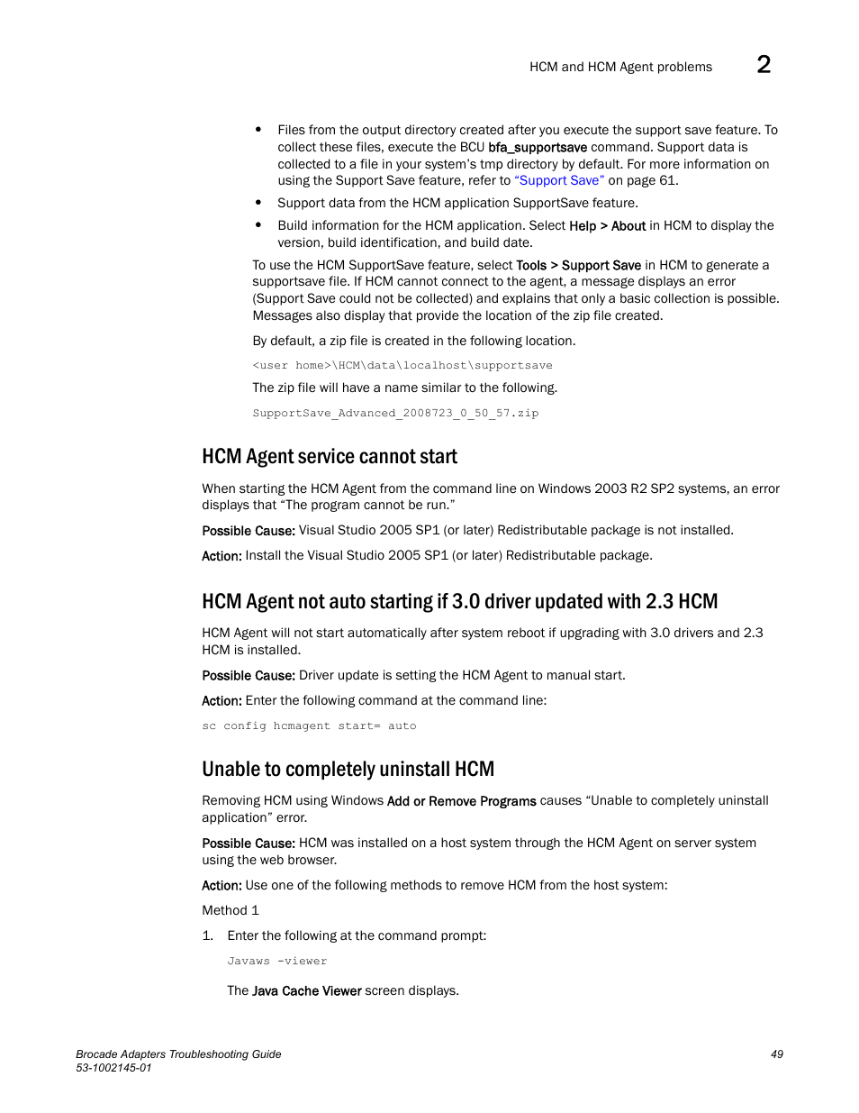 Hcm agent service cannot start, Unable to completely uninstall hcm | Dell Brocade Adapters User Manual | Page 73 / 172