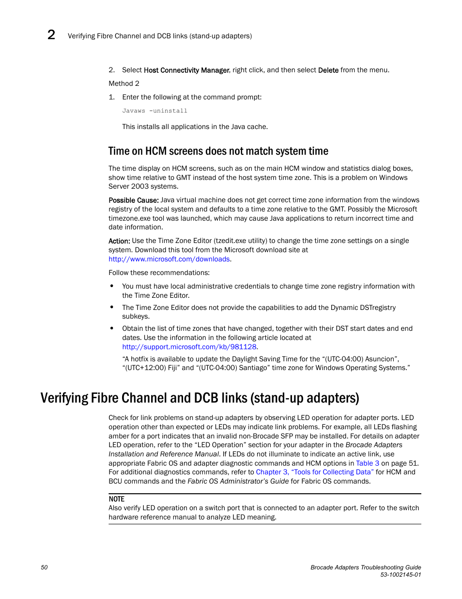 Time on hcm screens does not match system time, Verifying fibre channel, And dcb links (stand-up adapters) | Dell Brocade Adapters User Manual | Page 74 / 172