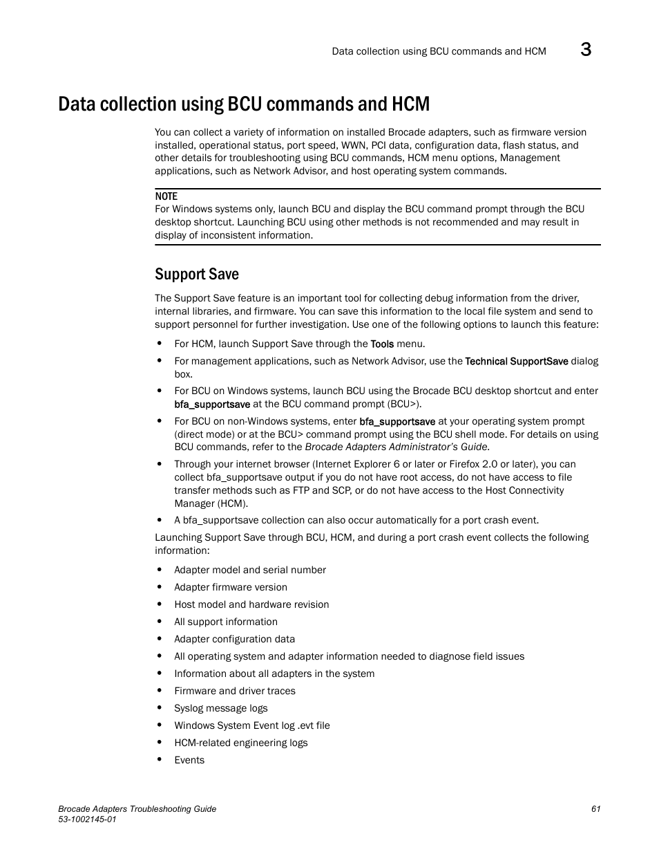 Data collection using bcu commands and hcm, Support save | Dell Brocade Adapters User Manual | Page 85 / 172