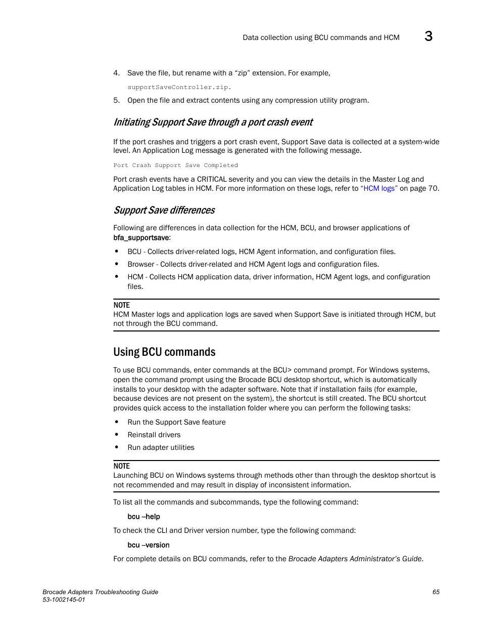 Using bcu commands, Initiating support save through a port crash event, Support save differences | Dell Brocade Adapters User Manual | Page 89 / 172