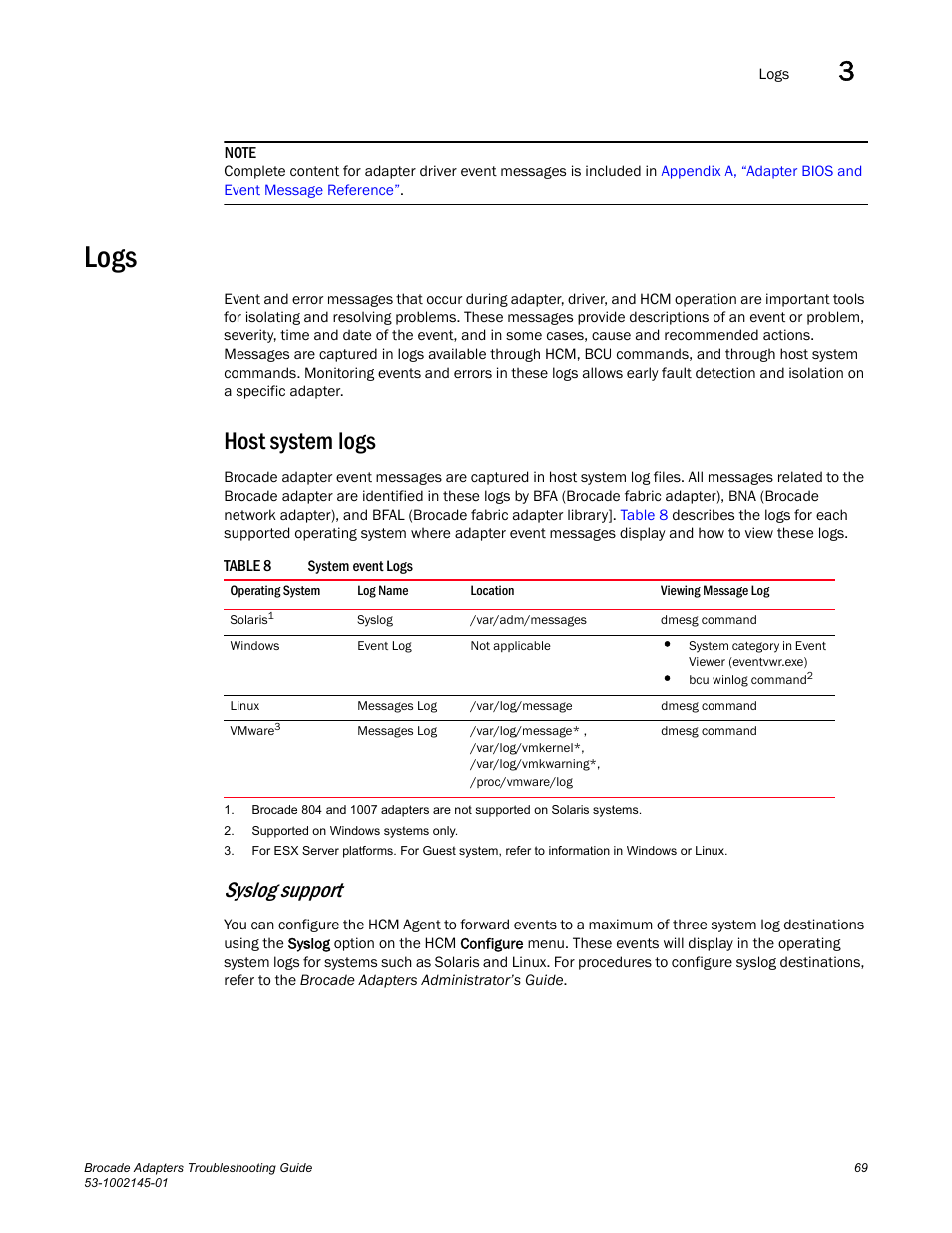 Logs, Host system logs, Syslog support | Dell Brocade Adapters User Manual | Page 93 / 172