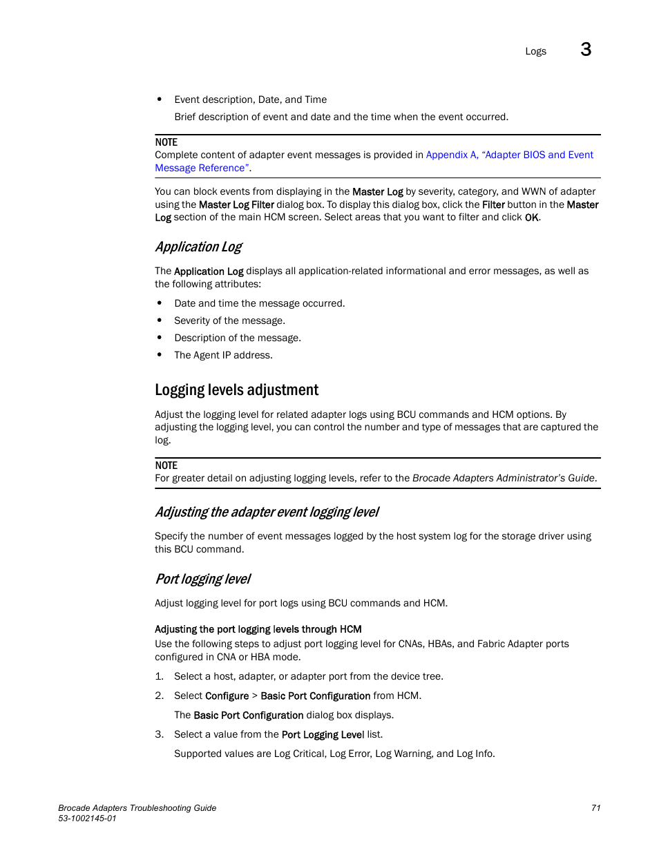 Logging levels adjustment, Application log, Adjusting the adapter event logging level | Port logging level | Dell Brocade Adapters User Manual | Page 95 / 172