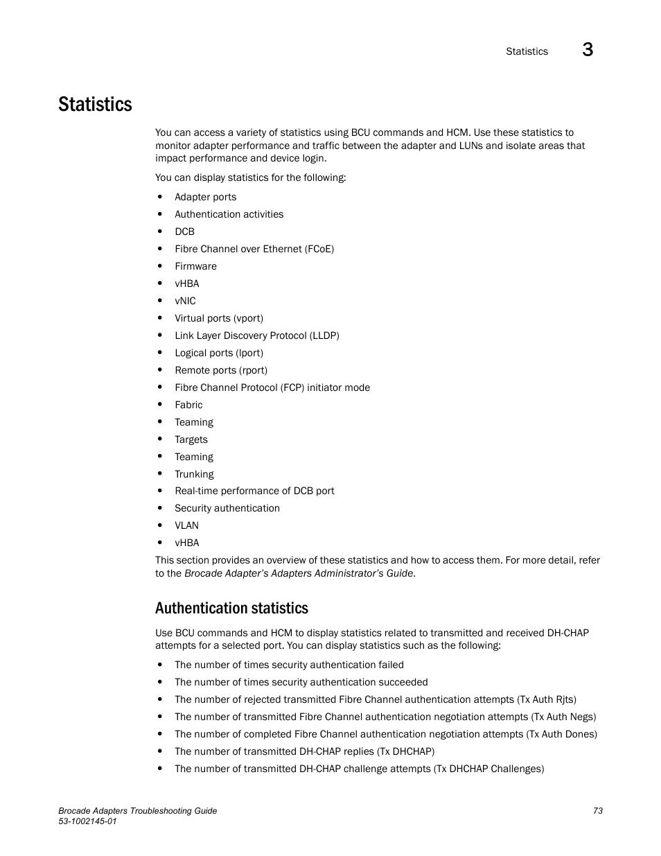 Statistics, Authentication statistics | Dell Brocade Adapters User Manual | Page 97 / 172
