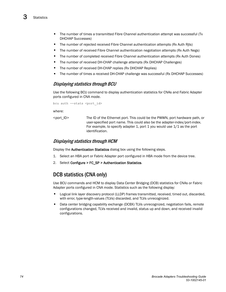 Dcb statistics (cna only), Displaying statistics through bcu, Displaying statistics through hcm | Dell Brocade Adapters User Manual | Page 98 / 172