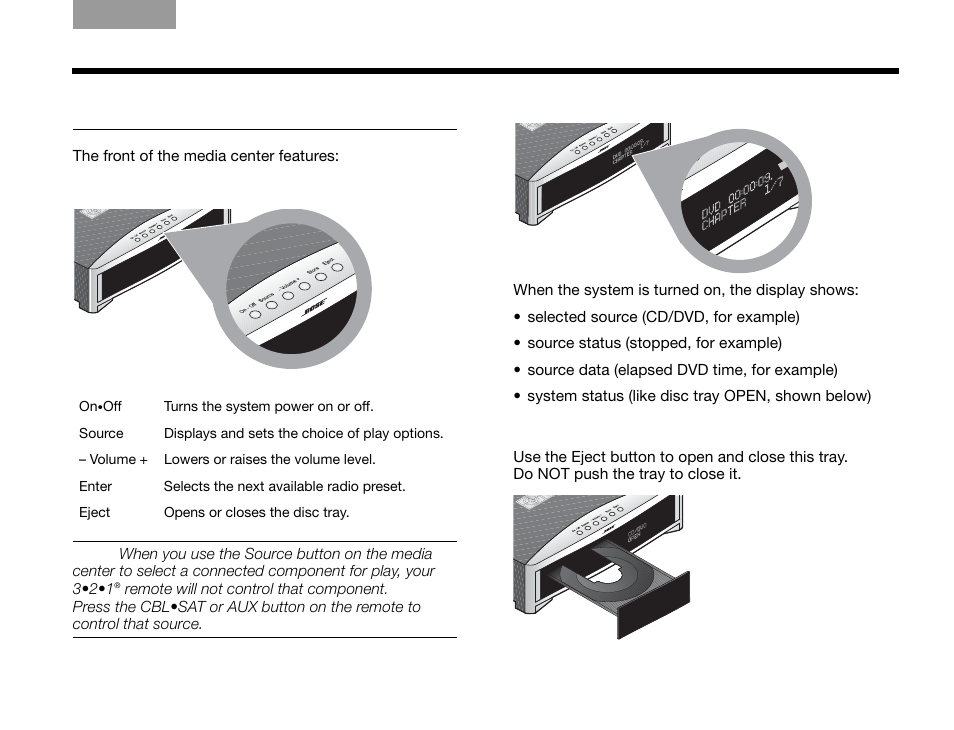 The media center, Display, Disc tray | Bose GS SERIES III 3.2.1 User Manual | Page 43 / 108