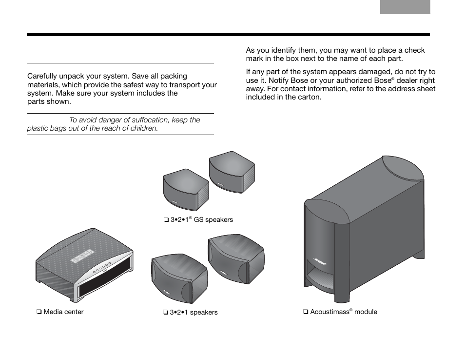 Unpacking | Bose GS SERIES III 3.2.1 User Manual | Page 8 / 108