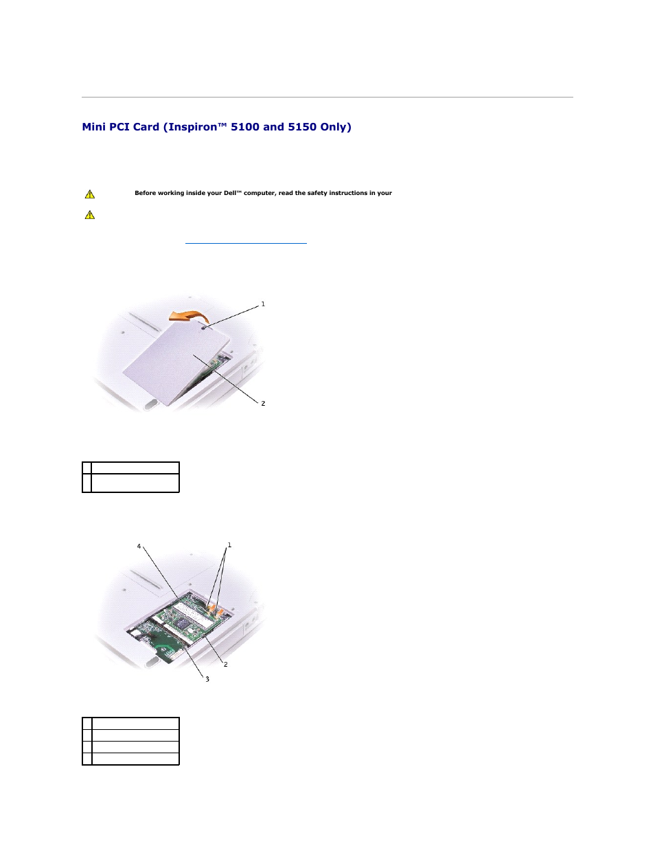 Mini pci card (inspiron™ 5100 and 5150 only), Removing the mini pci card | Dell Inspiron 1100 User Manual | Page 39 / 40