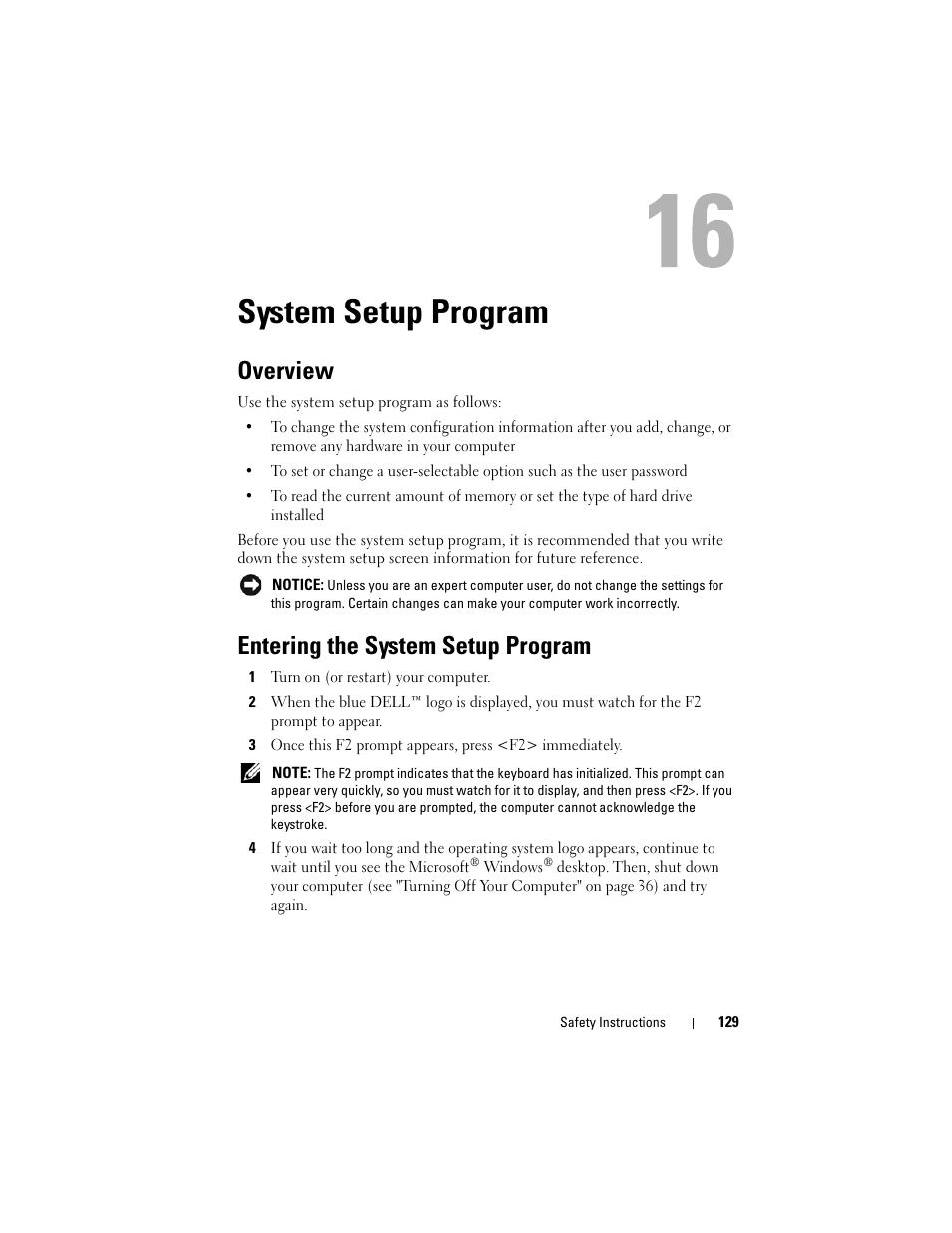 System setup program, Overview, Entering the system setup program | Dell Vostro 220s (Late 2008) User Manual | Page 129 / 138