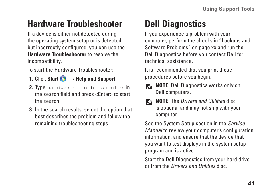 Hardware troubleshooter, Dell diagnostics, Hardware troubleshooter dell diagnostics | Dell Inspiron Zino HD (400, Late 2009) User Manual | Page 43 / 80