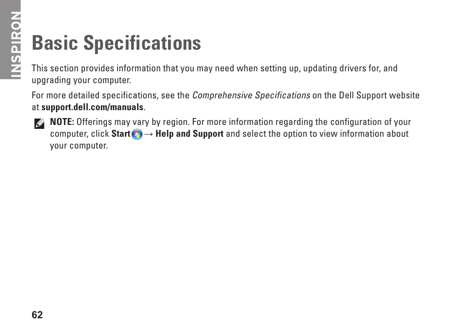 Basic specifications, Inspiron | Dell Inspiron Zino HD (400, Late 2009) User Manual | Page 64 / 80