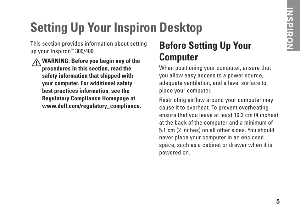 Setting up your inspiron desktop, Before setting up your computer, Inspiron | Dell Inspiron Zino HD (400, Late 2009) User Manual | Page 7 / 80