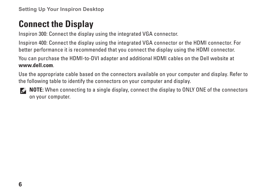Connect the display | Dell Inspiron Zino HD (400, Late 2009) User Manual | Page 8 / 80