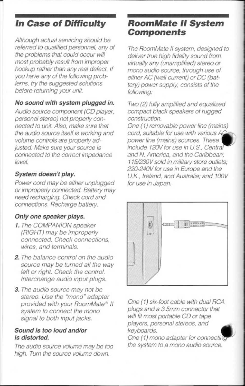 In case of difficulty, Roommate fl system components, Fl system | Roommate, Components | Bose RoomMate II User Manual | Page 6 / 8
