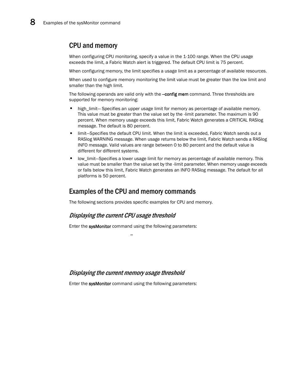 Cpu and memory, Examples of the cpu and memory commands, Displaying the current cpu usage threshold | Dell POWEREDGE M1000E User Manual | Page 100 / 126