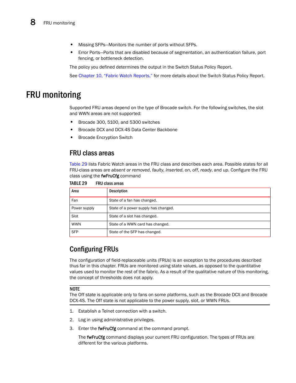 Fru monitoring, Fru class areas, Configuring frus | Table 29 | Dell POWEREDGE M1000E User Manual | Page 104 / 126